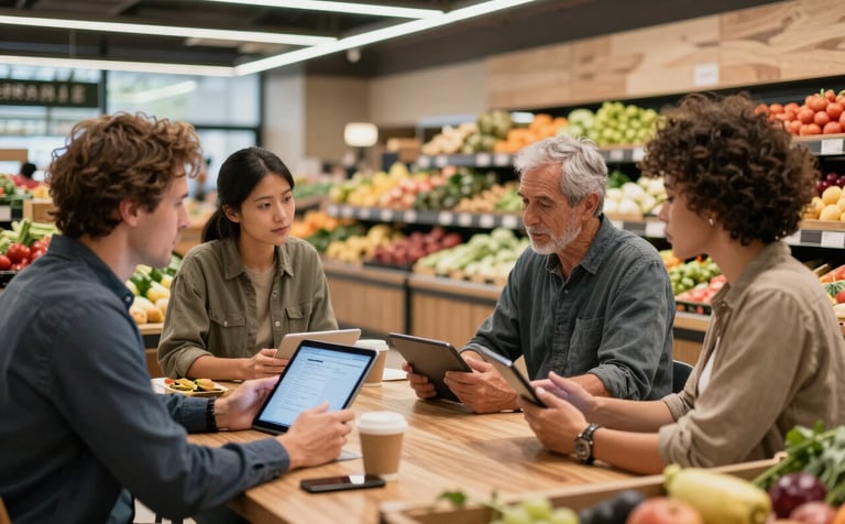 A wide photography shot of a strategy meeting between a marketing professional and a local farmer at a modern food market in North America. They are looking at tablet screens amidst crates of fresh produce, with a sophisticated and trustworthy atmosphere.
