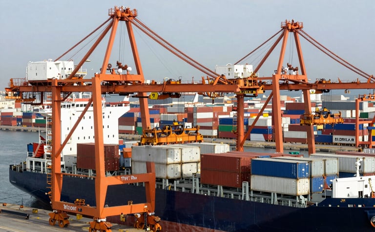 A high-angle professional photograph of a bustling European / Spanish cargo port. Large vibrant orange shipping cranes are loading white containers onto a massive cargo ship. The scene is bathed in clear daylight, emphasizing efficiency and modern logistics.