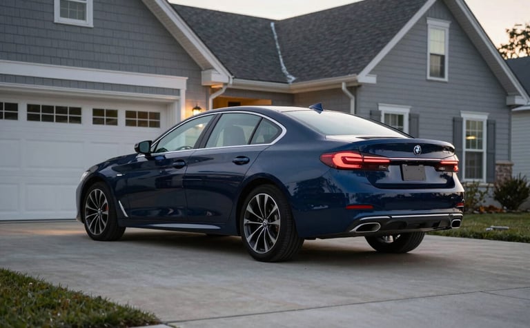 A high-end modern sedan parked in a clean, professional driveway of a North American home. The car is sleek navy blue, the lighting is soft twilight, and the focus is sharp on the vehicle's rear, suggesting readiness for travel. The atmosphere is quiet and secure.