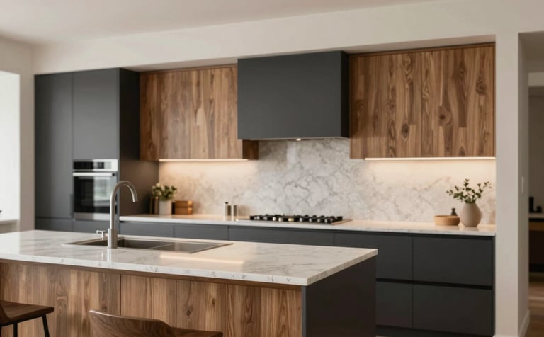 A high-end custom kitchen designed by Cuisines ALTO, featuring elegant wood cabinetry and sophisticated quartz countertops. The lighting is warm and inviting, highlighting the meticulous craftsmanship and modern elegance. The palette includes natural wood tones and deep charcoals like #262626 and #4A433A against soft #F7F4EF walls.