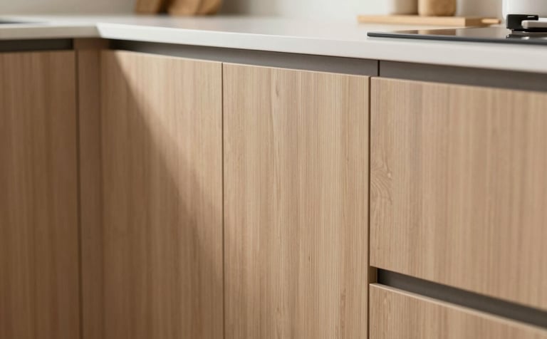 A before-and-after style shot showing high-quality kitchen refacing. New thermoplastic and polymer cabinet doors are shown in a modern, clean layout. The aesthetic is professional and polished, incorporating the #A38B7C warm wood tones and a minimalist, trustworthy vibe.