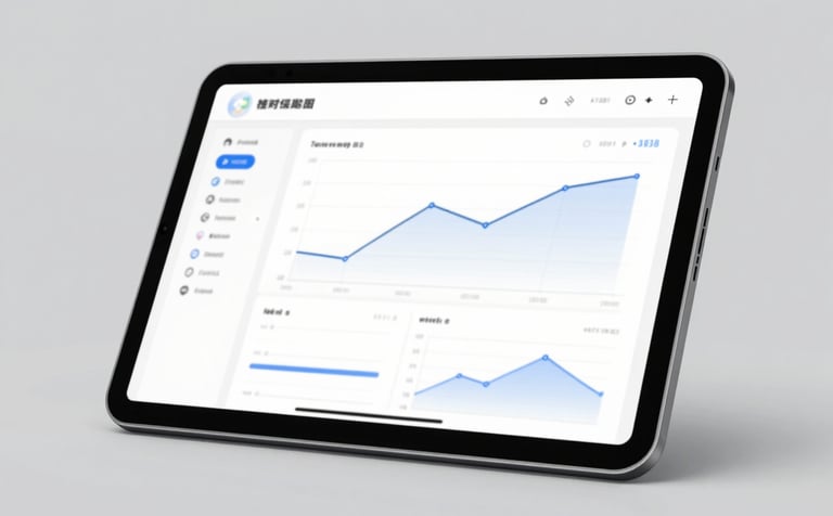 A close-up shot of a modern tablet displaying a clean, professional dashboard with simple line charts and data visualizations. The aesthetic is premium and minimalist, similar to a high-end SaaS product. The background is a soft grey (#A7B3B1). The image reflects transparency, measurable impact, and credible performance tracking.