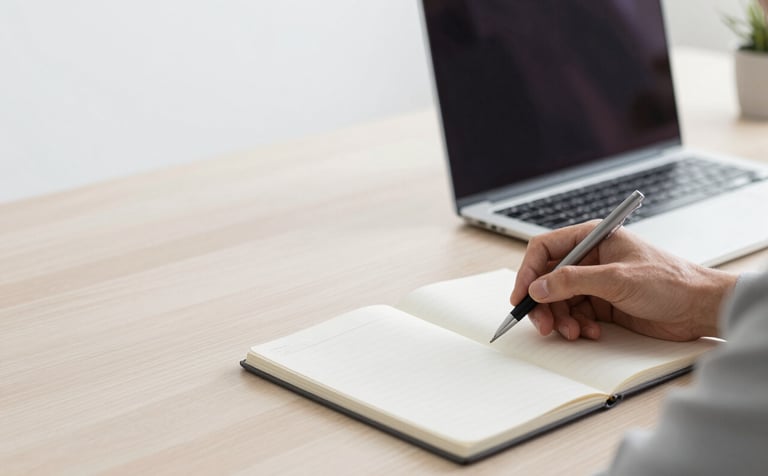 A high-end, minimalist workspace with a clean wooden desk, a sleek laptop, and a notebook. A man’s hand is visible holding a high-quality pen, suggesting planning and strategy. The lighting is natural and bright. The color palette features soft greys (#A7B3B1) and neutral tones (#F9FAFB), reflecting a calm, professional productivity atmosphere.