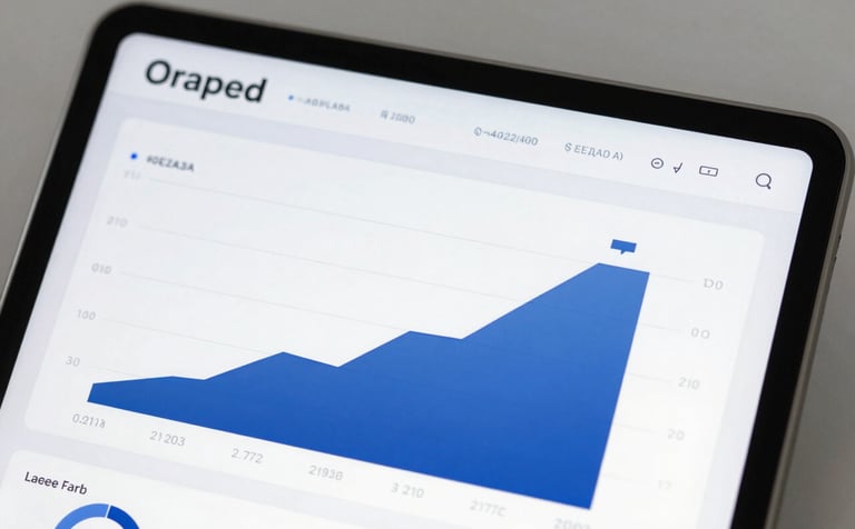A close-up shot of a tablet displaying professional financial growth charts and management reports generated by Oraped. The charts are crisp and clean, showing upward trends in deep blue (#0E2A3A). The overall mood is trust and financial clarity.