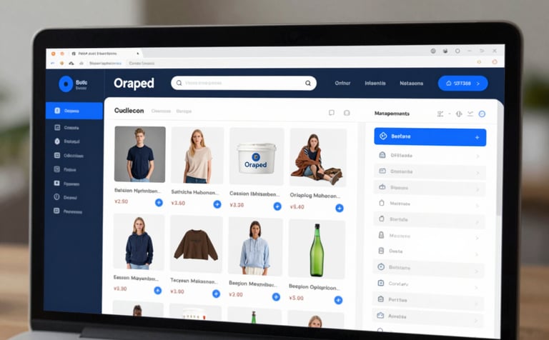 A professional desktop view of the Oraped management dashboard. The screen shows a catalog editor with high-quality product photos, price fields, and a modern sidebar menu. The design is intuitive and clean, primarily using #0E2A3A and #2F738E in the interface elements.
