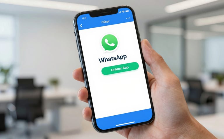 A high-quality, professional photograph of a modern smartphone held in a hand, showing a clean WhatsApp chat interface where an order for a delivery service is being confirmed. The background is a slightly blurred, bright office space. The UI on the screen features professional blue accents matching #2F738E.