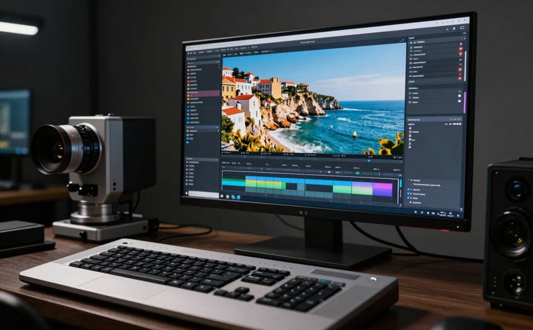 A high-end color grading suite with a European aesthetic. A large calibrated monitor displays a vivid Portuguese coastal scene. The room is dimly lit with professional bias lighting, highlighting the silver and dark slate equipment.