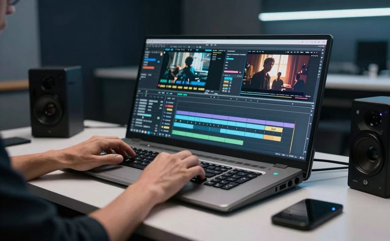A professional video editor working at a sleek workstation in a modern studio in Lisbon. The atmosphere is sophisticated with soft silver and dark navy lighting. We see a close-up of hands on a professional editing console, with cinematic footage on a high-resolution screen in the background.