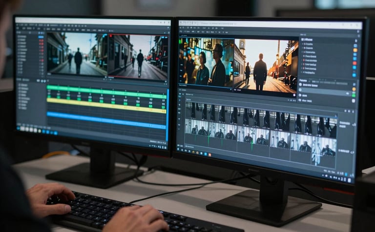 A close-up of a high-tech editing suite in Porto. A digital artist is compositing visual effects on a dual screen setup. The lighting is cold and modern, with silver and dark slate tones, reflecting a professional and inspiring cinematic environment.
