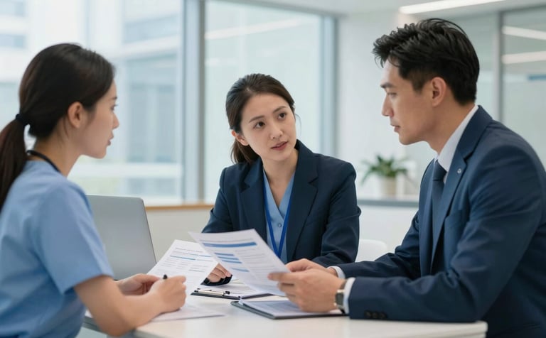 Healthcare consultants in a clean, professional North American / US medical administration setting, discussing strategic reports. The environment is sophisticated, featuring soft sky blue and deep ocean blue colors in a bright, modern architectural space.