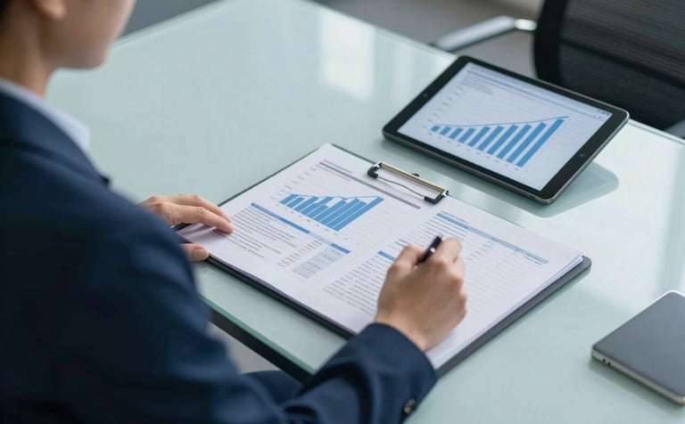 A high-angle photograph of a healthcare administrator's desk in a North American / US business park office. On the desk are financial reports and a tablet displaying growth charts. The scene is dominated by light steel blue and navy blue professional tones, reflecting efficiency and calm competence.