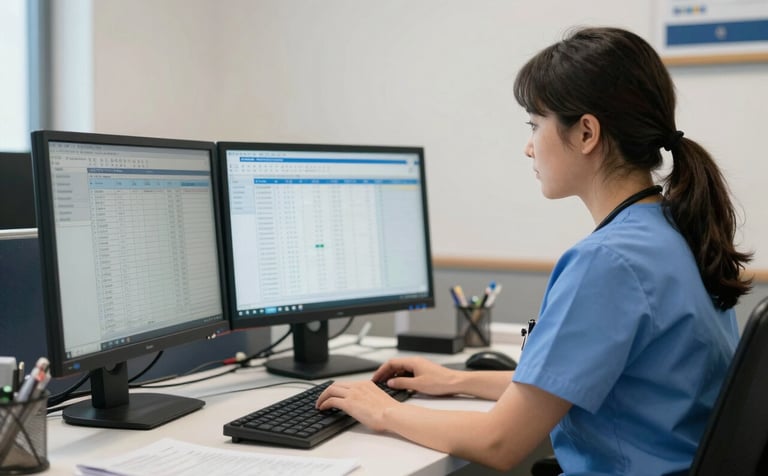 A professional medical billing specialist in a North American / US office setting, focused on a dual-monitor setup showing clear, organized data. The office environment is modern with soft off-white walls and navy blue accents in the decor. Natural light creates a bright and trustworthy atmosphere.