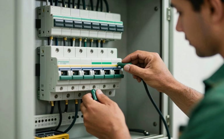 A close-up of a professional electrician working on a modern electrical circuit breaker panel in a South American / Brazilian office. Crisp lighting highlights deep sage green tools and off-white components.