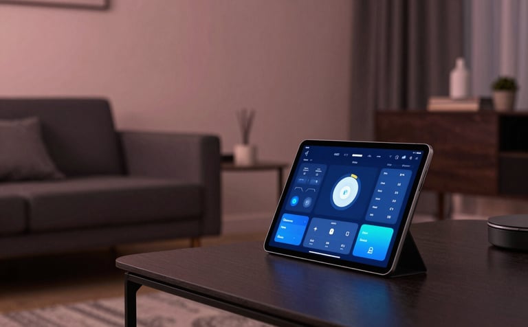 A modern South American / Brazilian living room featuring integrated smart home technology. A sleek tablet on a table shows a control interface, with soft dusty rose ambient lighting and dark charcoal furniture.
