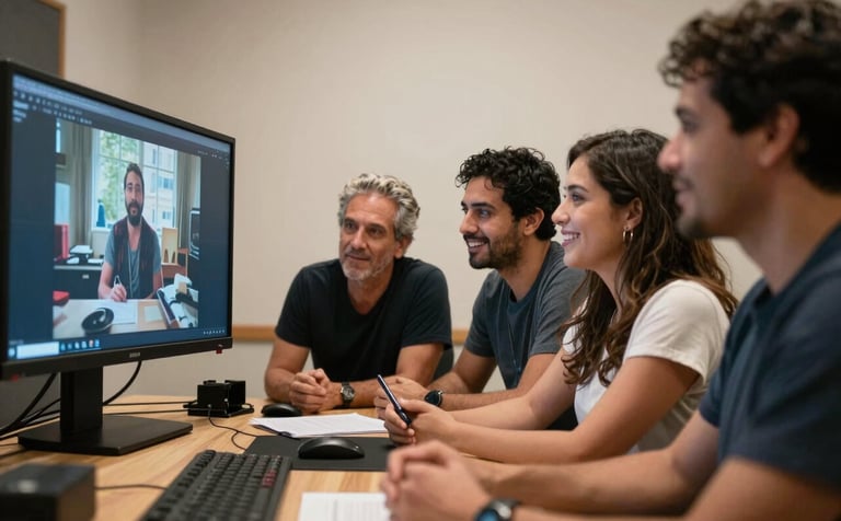 A collaborative meeting between a director and a composer in a professional Latin American / Spanish studio space. They are looking at a film scene on a large monitor, smiling and discussing. Soft off-white walls. Photography style.