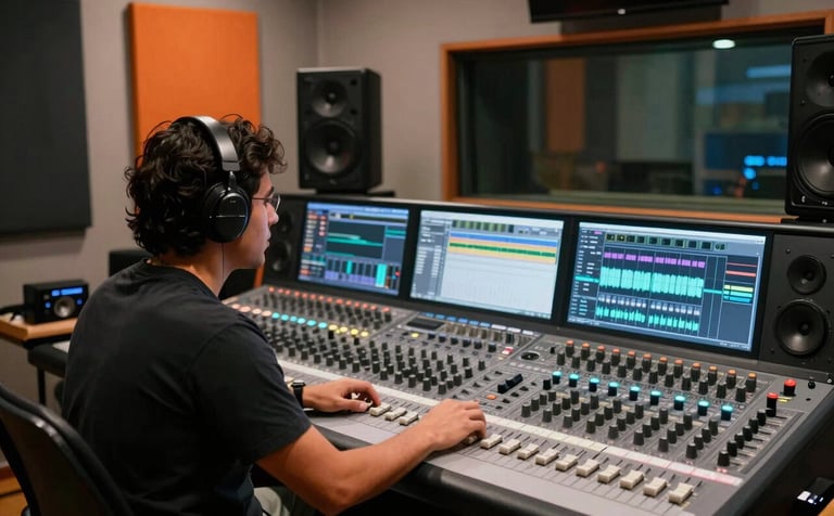 A professional sound designer in a modern Latin American / Spanish recording studio, working on a mixing console with multiple screens displaying DAW waveforms. Soft ambient lighting with vibrant orange and deep grey accents. Photography style.