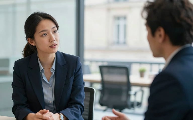 A professional photography shot of two people in a collaborative coaching session in a bright, modern Parisian office. One person is speaking confidently, professional attire, soft focus background, palette of dark blue and light blue.