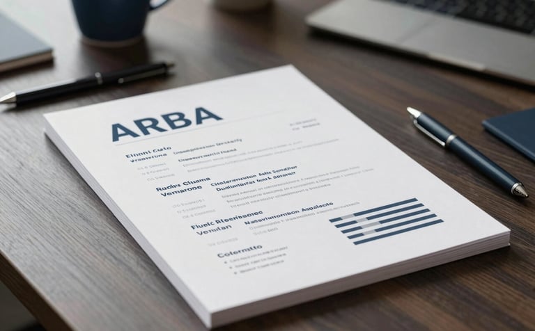A close-up photograph of a sleek, minimalist professional CV layout resting on a dark wood desk in a modern European office. Soft natural light, high-end stationery nearby, aesthetic using muted blue and off-white tones.