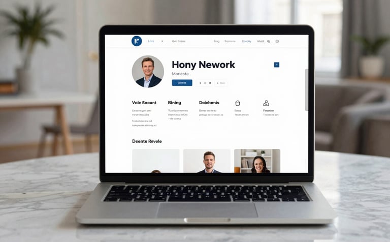 Clean photography of an open laptop on a marble table in a bright European apartment. The screen displays a professional network profile. Off-white and muted blue color scheme, sophisticated atmosphere.