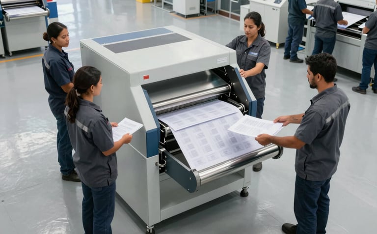 A clean, high-angle professional photograph of a specialized industrial shredder in a bright, modern Latin American facility. Workers in dark blue-gray uniforms and safety gear supervise the destruction of secure documents, conveying a sense of confidentiality and efficiency. The floor is polished light gray concrete.