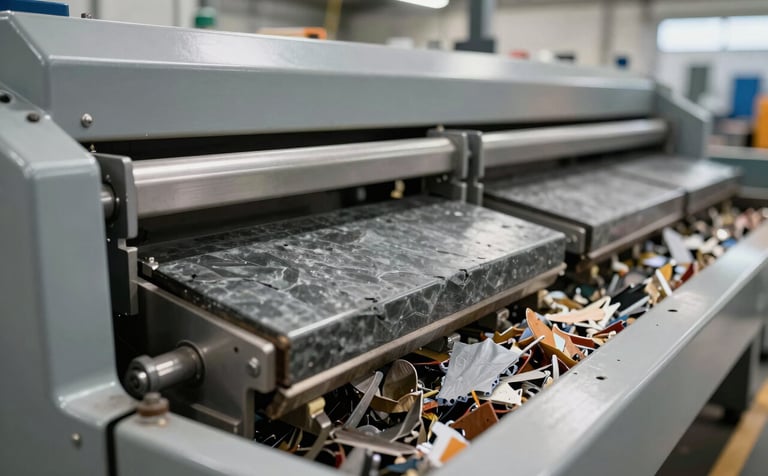 Close-up photograph of a modern sorting line in a Latin American recycling plant. The composition focuses on metallic textures and slate gray machinery. Bright, clear lighting emphasizes a professional and eco-friendly atmosphere within the industrial setting.