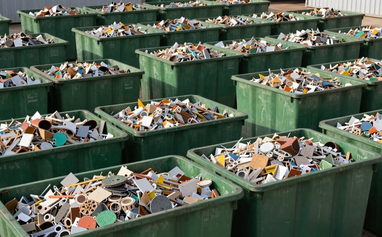 Photography of an organized Latin American industrial area featuring rows of forest green waste containers. The lighting is bright and professional, highlighting a sterile and efficient management of industrial residues. The scene is shot from a low angle to convey strength and scale.