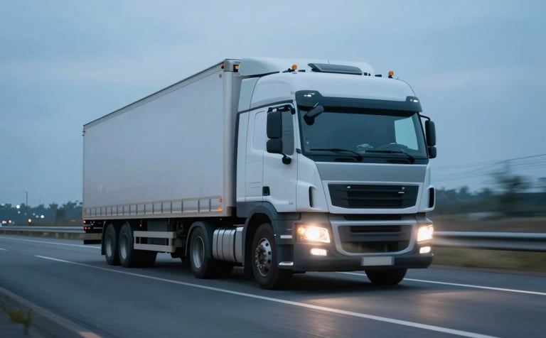 A semi-truck moving swiftly on a highway at dusk, headlights illuminating the road, sleek modern photography with light blue (#7BA0C6) sky tones.