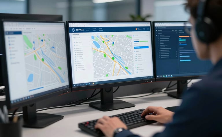 A professional dispatcher's workspace featuring multiple monitors showing digital maps and logistics software, dark blue aesthetic (#0F1C36), clean and organized.