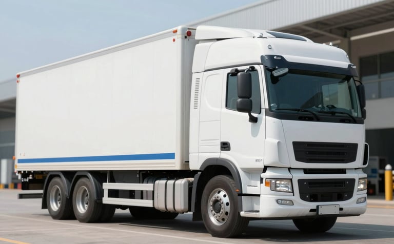 A clean, modern white semi-truck with blue accents (#2A629A) parked in a logistics hub, bright professional lighting, sharp focus, conveying efficiency and reliability.
