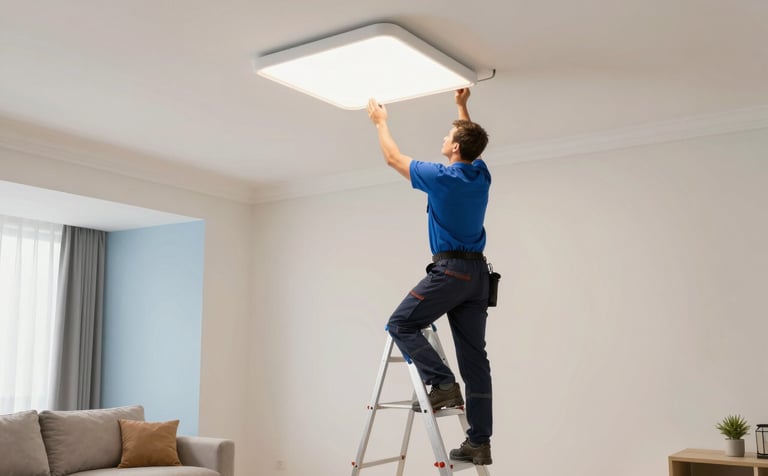 A wide shot of a bright Brazilian living room where an electrician is installing modern LED lighting fixtures. The professional is using a ladder, working with precision. The room has soft off-white walls and light blue accents, reflecting a clean and modern design aesthetic.