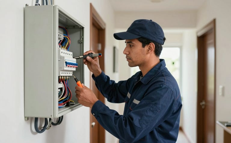 A professional electrician in a clean dark blue uniform meticulously inspecting a circuit breaker panel in a modern South American residential hallway. Natural bright lighting, sharp focus on the tools and wires, portraying safety and expertise. The atmosphere is professional and organized.