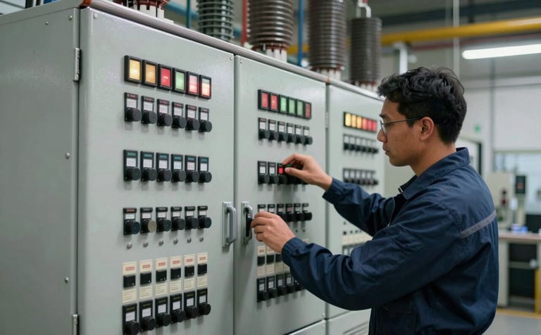 A sophisticated industrial electrical environment in South America. A specialist in protective gear is checking a large, complex control panel with many switches and indicators. The lighting is crisp, highlighting the technical expertise and the dark blue and silver tones of the equipment.
