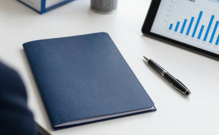 A close-up of a legal consultant's desk with a dark navy blue folder, a modern pen, and a tablet showing a retirement graph. The background is a clean, bright office setting with steel blue accents, conveying professionalism.