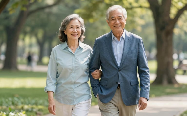A professional portrait of a serene senior couple walking in a sunlit park. They are dressed in smart casual clothes with steel blue and pale mist tones, smiling confidently. The lighting is soft and natural, emphasizing a secure and happy future.
