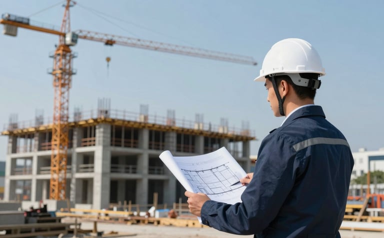 A wide professional shot of a modern construction site with concrete structures and a crane against a clear sky. A civil engineer in a white safety helmet is looking at architectural plans. Sophisticated atmosphere reflecting precision. Colors include deep blues and greens from the brand palette #2F3E46 and #84A98C.