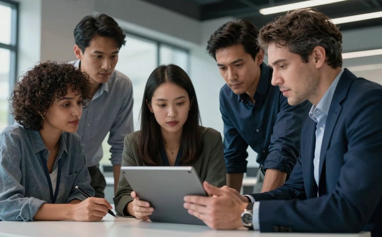 Professional photography of a diverse group of tech experts in a North American studio collaborating over a tablet device, sophisticated office environment, clean lines, grayish blue and dark blue color palette, professional soft lighting.