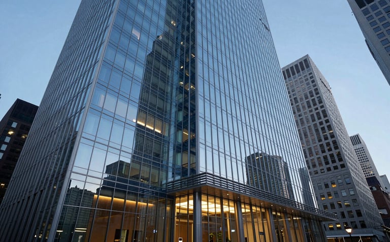 A wide-angle photography of a sleek glass-walled boardroom in a US metropolitan skyscraper, futuristic and professional atmosphere, light blue and dark blue color palette, twilight illumination outside.