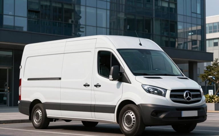 A clean Arctic White delivery van parked in a modern business district, with clean lines and Deep Midnight Blue office buildings reflected in the glass.
