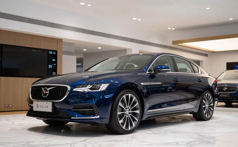 A high-end photography shot of a polished Deep Midnight Blue sedan inside a modern dealership showroom with Arctic White marble floors and bright, professional ceiling lights.