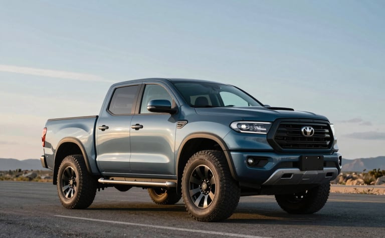 A professional photograph of a Slate Blue 4x4 pickup truck parked on a clean asphalt road during a clear day with Soft Silver Blue skies in the background.