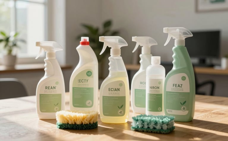 A collection of eco-friendly, professional cleaning products in clear containers arranged on a wooden table in a sunlit, modern Central European / French office. The atmosphere is clean and trustworthy. Palette uses off-white and soft sage green colors.