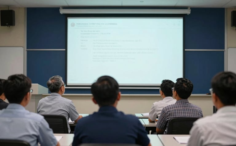 A group of Southeast Asian / Indonesian lecturers and students engaged in an academic workshop, looking at a large screen in a modern campus hall. The atmosphere is professional and collaborative. Lighting is soft and bright, incorporating Dark Navy Blue and Soft Mint White corporate tones.