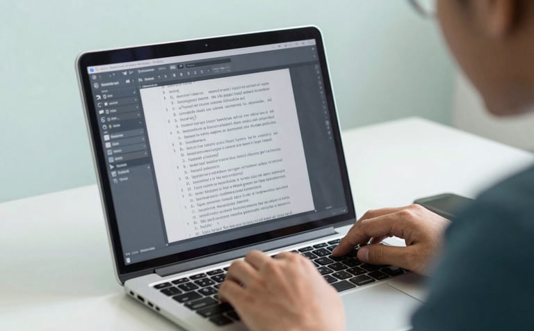 A close-up of a laptop screen showing a detailed manuscript being edited with track changes. A professional Southeast Asian / Indonesian academic is seen from the side, focused on the work in a clean, minimalist home office. Colors: Steel Blue and Soft Mint White.