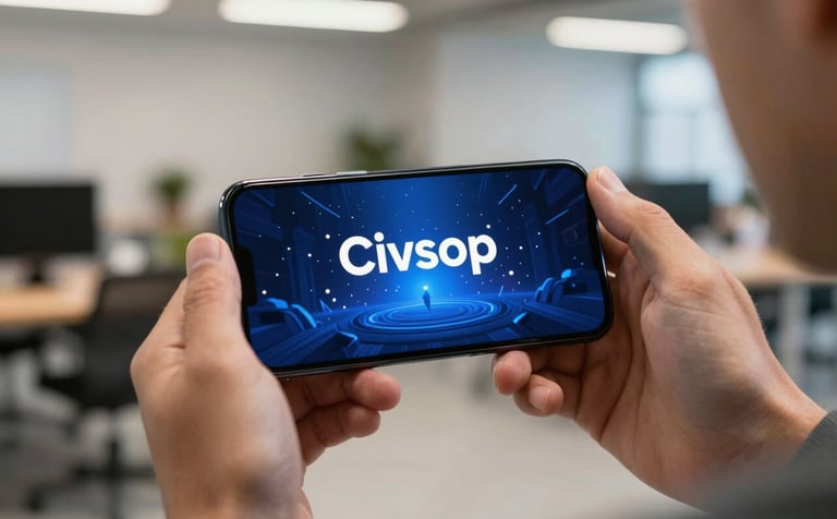 A professional developer in a Global / International co-working space holding a high-end smartphone. The screen displays a modern, vibrant 2D game with deep Steel Blue and Dark Navy backgrounds, showing sophisticated particle effects and smooth typography.