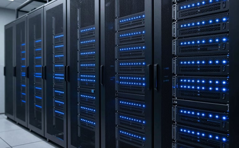 A sleek, modern server room in a Global / International tech hub. The racks are neatly organized and glowing with soft Steel Blue LED indicators against the Dark Navy shadows of the room, symbolizing high-end digital security and reliability.