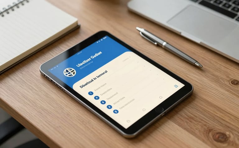 A top-down professional desk shot in a modern Global / International office. A tablet sits on the wooden surface showing a clean mobile app interface with Steel Blue and Off-White elements. Beside it are a designer's notebook and a sleek metallic pen under soft, natural lighting.