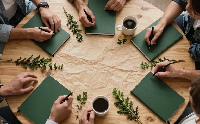 A top-down Scandinavian-style shot of a Crisp Parchment colored wooden table where a team is planning. There are Matte Forest Green notebooks, a cup of coffee, and fresh organic herbs scattered around. Professional, warm, and authentic atmosphere.
