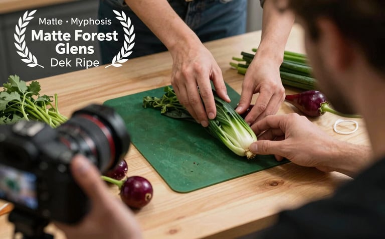 A professional behind-the-scenes shot of a content creator arranging a flat lay of fresh vegetables. A camera is visible in the frame. Palette includes Matte Forest Green and Deep Ripe Crimson.