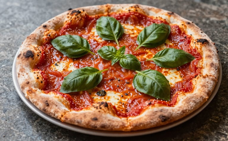 A close-up, cozy Scandinavian-style photograph of an artisanal pizza with bright Deep Ripe Crimson tomato sauce and fresh green basil, captured in soft natural light on a rustic stone surface.