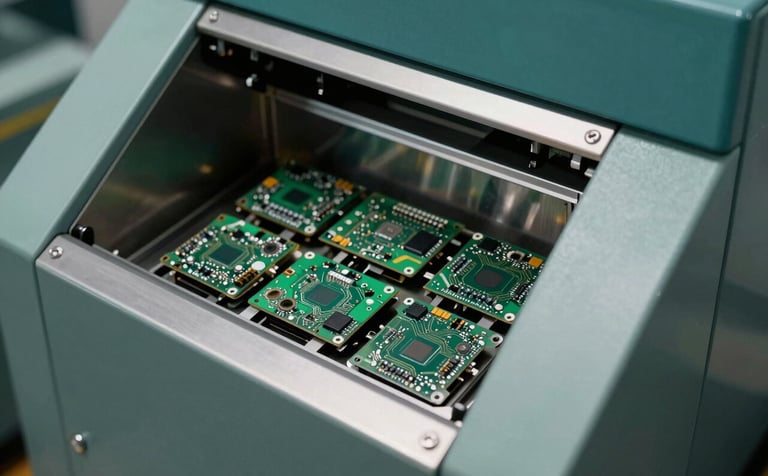 A high-detail industrial photograph of a secure electronic shredding machine. Metallic fragments of circuit boards and drives are visible. The aesthetic is modern and safe, utilizing a darkest teal and sage teal color scheme with bright, focused lighting.